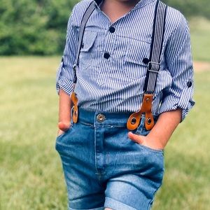 NEW Button down/denim shorts w/suspenders